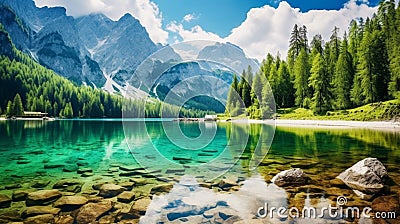 View of Jasna lake. Attractive summer scene of Julian Alps, Gozd Martuljek. Wonderful landscape of Triglav National Park. Stock Photo