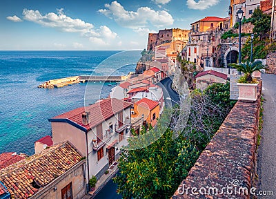 Amazing morning view of Scilla town with Ruffo castle on background Editorial Stock Photo