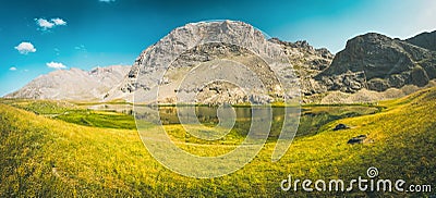 Amazing mountain and lake view between Bolkar Mountain and Taurus Mountain. Panoramic view of black lake. Nigde, Turkey. Stock Photo