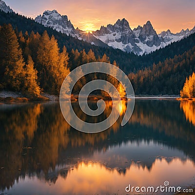 Amazing natural landscape at sunset. Stunning morning scene on the Braies Lake, Pragser Wildsee in Dolomites mountains, Stock Photo