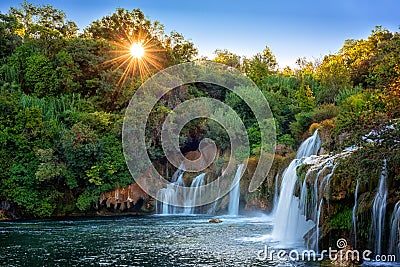 Amazing nature landscape, famous waterfall Skradinski buk at sunrise, Croatia, outdoor travel background Stock Photo