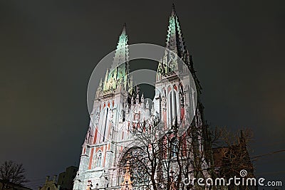 Amazing night illuminated view of the Saint Nicholas Roman Catholic Cathedral House of Organ Music Stock Photo