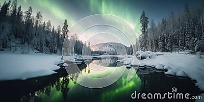 amazing night panoramic view mountain lake with Northern Lights Stock Photo