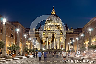 Night photo of Vatican and St. Peter`s Basilica in Rome, Italy Editorial Stock Photo