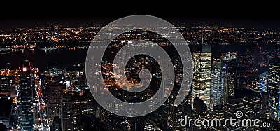 Amazing NYC panoramic night aerial view. Manhattan district Editorial Stock Photo