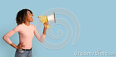 Amazing Offer. Young Black Woman Shouting With Megaphone, Making Announcement Stock Photo