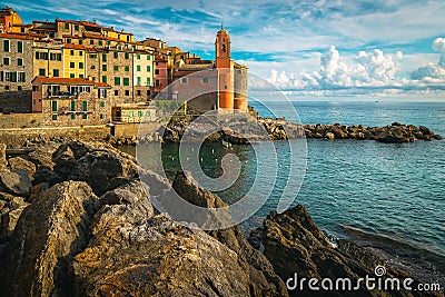 Colorful mediterranean seaside buildings in Tellaro, Liguria, Italy Stock Photo