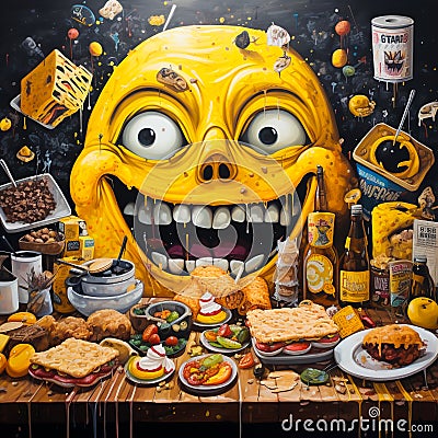Amazing painting art of a clown with a large face with food, cartoon compositions text and emoji installations. Generative AI Stock Photo