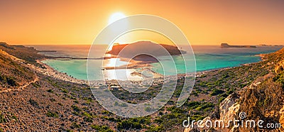 Amazing panorama of Balos Lagoon with magical turquoise waters, lagoons, tropical beaches of pure white sand and Gramvousa island Stock Photo