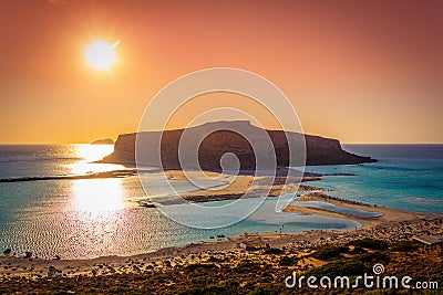 Amazing panorama of Balos Lagoon with magical turquoise waters, lagoons, tropical beaches of pure white sand and Gramvousa island Stock Photo