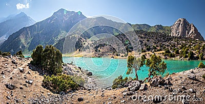Amazing panorama of Fann mountains range and Allo lake, Tajikistan Stock Photo