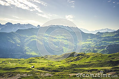 Amazing panorama of French Alps, part of famous trek Chamonix Mont Blanc in the backround.. View of French mountains in summer hik Stock Photo