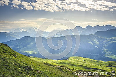 Amazing panorama of French Alps, part of famous trek Chamonix Mont Blanc in the backround.. View of French mountains in summer hik Stock Photo