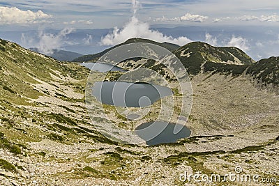 Amazing Panorama of Kremenski lakes from Dzhano peak, Pirin Mountain Stock Photo