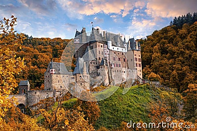 Amazing panoramic view of Burg Eltz castle in autumn., Rhineland-Palatinate, Germany Editorial Stock Photo