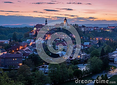 Amazing panoramic view of Nove Mesto nad Metuji at twilight, Czech Republic Stock Photo
