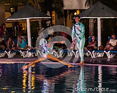 Amazing performance of hotel entertainment team at night spectacular water show Editorial Stock Photo