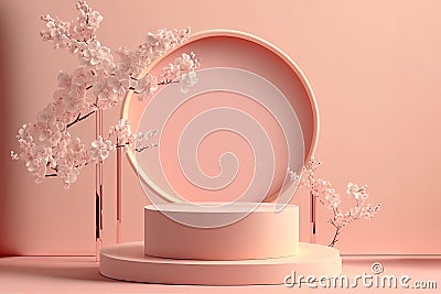 Amazing pink sakura Abstract 3d podium of nature spring installation artwork of the background of the soft color. Generative AI Stock Photo