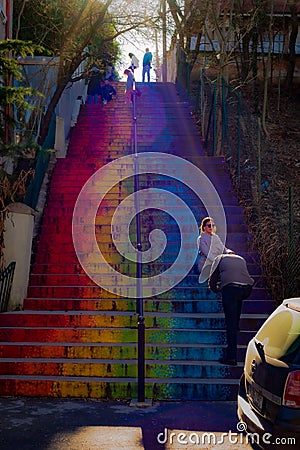 An amazing rainbow coloured stair in Cotroceni district of Bucharest Editorial Stock Photo