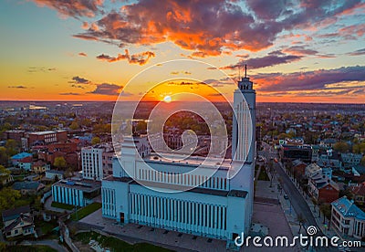 Amazing red sunset view over the Kaunas Lord Jesus Christs Resurrection Basilica Stock Photo