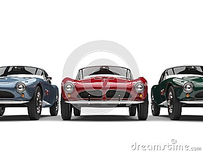 Amazing red vintage sports car with blue and green cars on each side Stock Photo