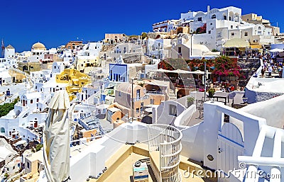 Amazing romantic Santorini island, bright Sunny day with lots of tourists everywhere, Greece, Europe Stock Photo