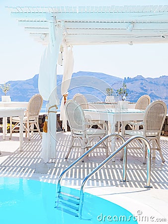 Amazing Santorini view from terrasse. Luxury relax. Santorini, Greece Stock Photo