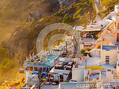 Amazing Santorini view on white cave houses. Santorini, Cyclades Stock Photo