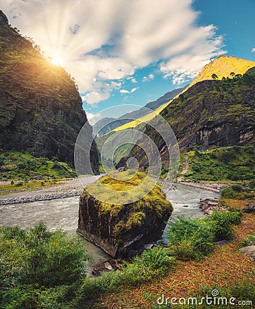 Amazing scene with mountains, beautiful river at sunset Stock Photo