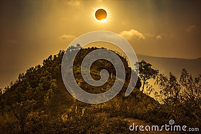 Scientific natural phenomenon. Total solar eclipse glowing on sk Stock Photo