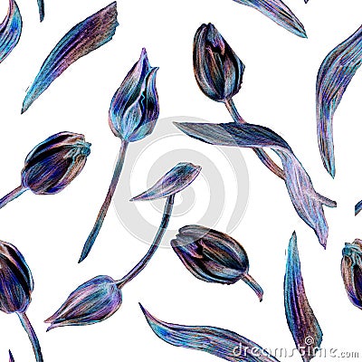 Amazing seamless pattern with blue Tulips flowers isolated on white. Cartoon Illustration
