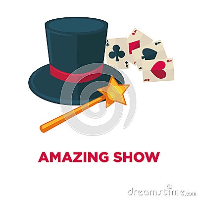 Amazing show promotional poster with magic tricks equipment Vector Illustration