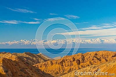 Amazing Skazka canyons and Issyk-Kul lake Stock Photo