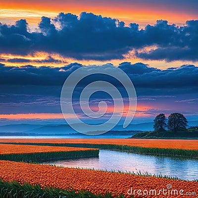 Amazing sky in the Natural Sunset Sunrise Over Field Or Bright Dramatic Sky And Dark Cartoon Illustration
