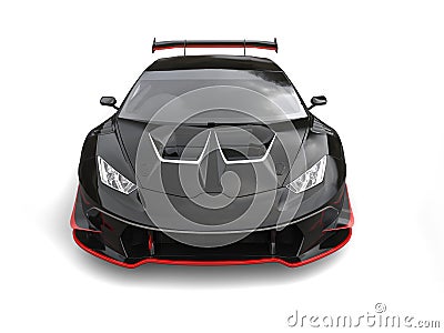 Amazing sleek black race car with red details - front view closeup shot Stock Photo