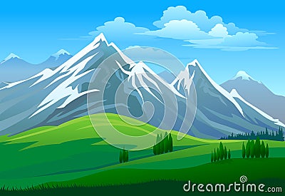 Amazing snow clad mountain and green valley Stock Photo