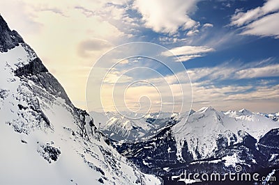 Amazing snowy winter view from cable car to Zugspitze on frozen lake Eibsee Stock Photo