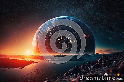 Amazing space planet Mars landscape with mountains and water at sunset with starry sky and big planet earth with lights of night Stock Photo