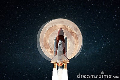 Amazing space shuttle rocket with blast successfully takes off into the starry sky with a big full moon. The beginning of the Stock Photo