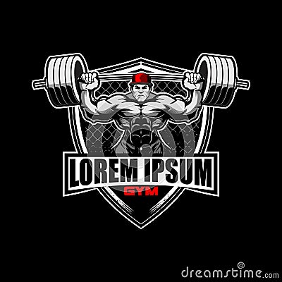 Bodybuilder man character with barbell weightlifting vector badge logo template Vector Illustration