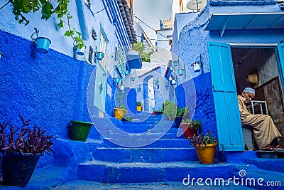 Amazing stairs in the medina of Chefchaouen, the blue pearl of Morocco Editorial Stock Photo