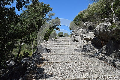 An amazing stairs way at catholic christian monastery of Santuari de Lluc Editorial Stock Photo