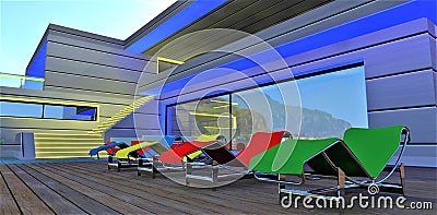 Amazing steel sun loungers with multicolored covering on the decked floor in the relax zone of the contemporary country home with Stock Photo