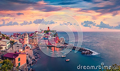 Amazing summer cityscape of Vernazza town. Great sunrise on Liguria, Cinque Terre, Italy, Europe. Breathtaking seascape of Mediter Editorial Stock Photo