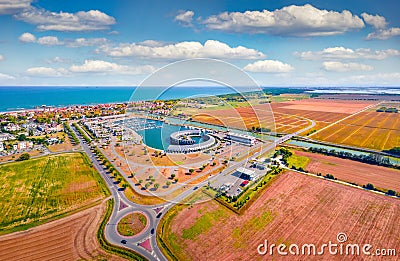 Amazing summer view from flying droneof Casal Borsetti port. Stock Photo