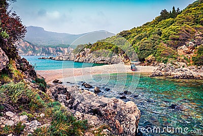 Amazing summer view of Limni Beach Glyko. Fabulous morning seascape of Ionian Sea. Picturesque outdoor scene of Corfu island, Gree Stock Photo