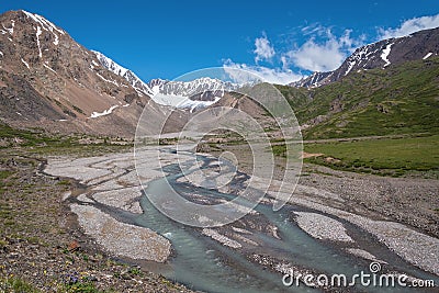 Mountains river glacier clouds sky summer Stock Photo