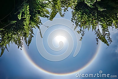 Amazing sun halo; the circular rainbow around the sun in the sky, this moment appeared in Thailand in 2016 Stock Photo