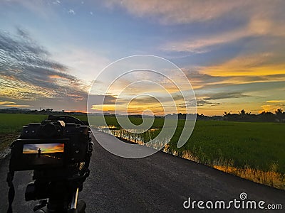 Amazing sunrise with od road surrounding Paddy field Stock Photo