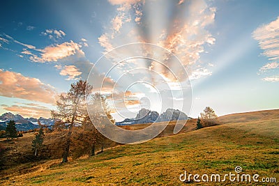 Amazing sunrise over Alpe di Siusi mountain plateau, Dolomite Alps, Italy Stock Photo